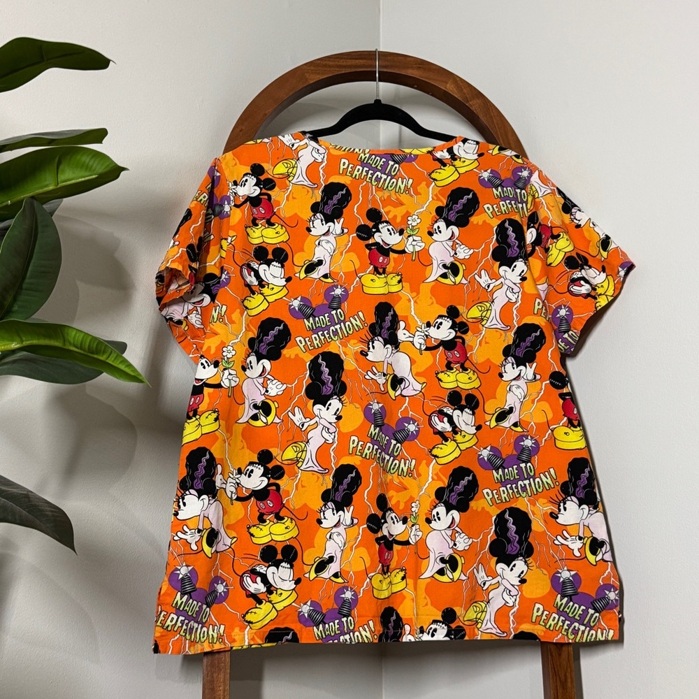 Disney XL Mickey Minnie Mouse Bride of Frankenstein Orange Scrub Top - Picture 2 of 5